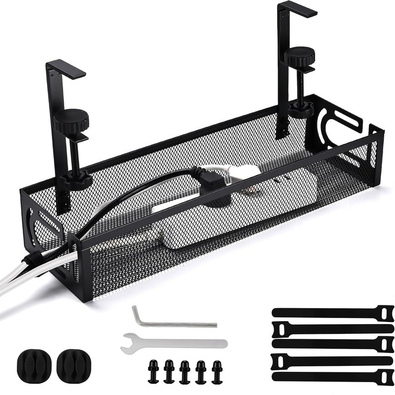 QUELIEN Under Desk Cable Management Tray Small – Clamp-Mounted Wire Organizer & Cord Management Under Desk Rack, No-Drill Metal Cable Organizer for Home Office (Black) - Image 1